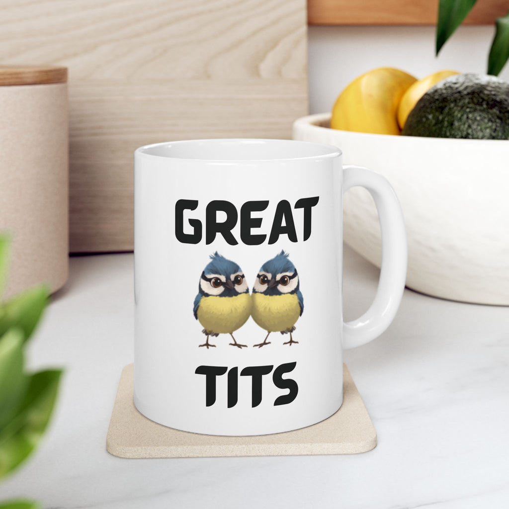 Great Tits Funny Mug Cheeky Wordplay Prank Gift Bird Lover Novelty Coffee Cup